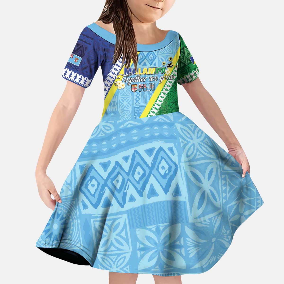 Love Malampa Fiji Day Kid Short Sleeve Dress Together We Grow LT05 KID Blue - Polynesian Pride