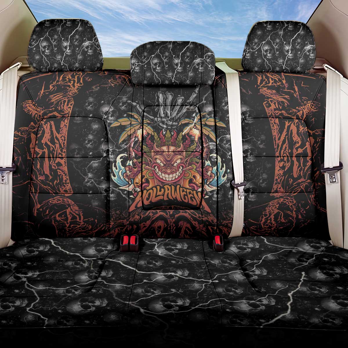 Aloha Halloween Back Car Seat Cover Horror Tiki Heavy Metal Style - Polynesian Pride