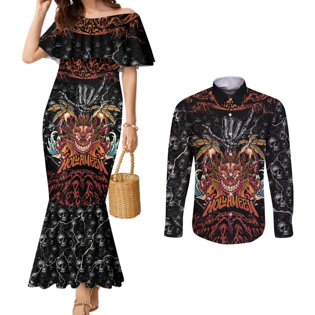 Aloha Halloween Couples Matching Mermaid Dress and Long Sleeve Button Shirt Horror Tiki Heavy Metal Style - Polynesian Pride