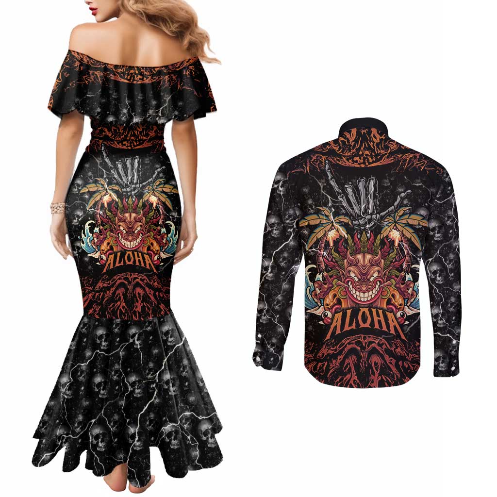 Aloha Halloween Couples Matching Mermaid Dress and Long Sleeve Button Shirt Horror Tiki Heavy Metal Style - Polynesian Pride