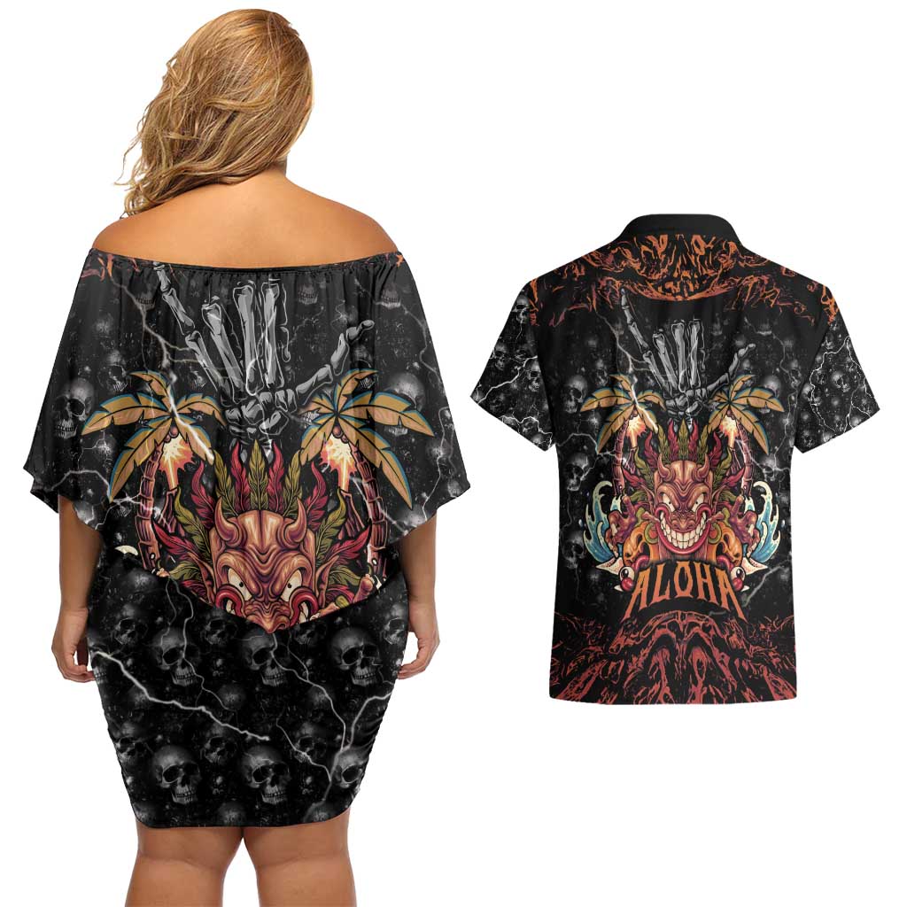 Aloha Halloween Couples Matching Off Shoulder Short Dress and Hawaiian Shirt Horror Tiki Heavy Metal Style - Polynesian Pride