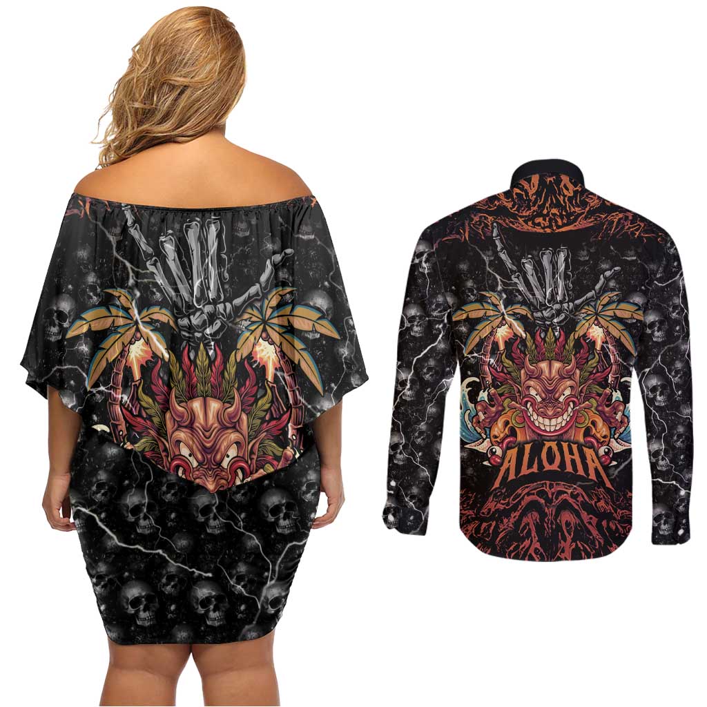 Aloha Halloween Couples Matching Off Shoulder Short Dress and Long Sleeve Button Shirt Horror Tiki Heavy Metal Style - Polynesian Pride