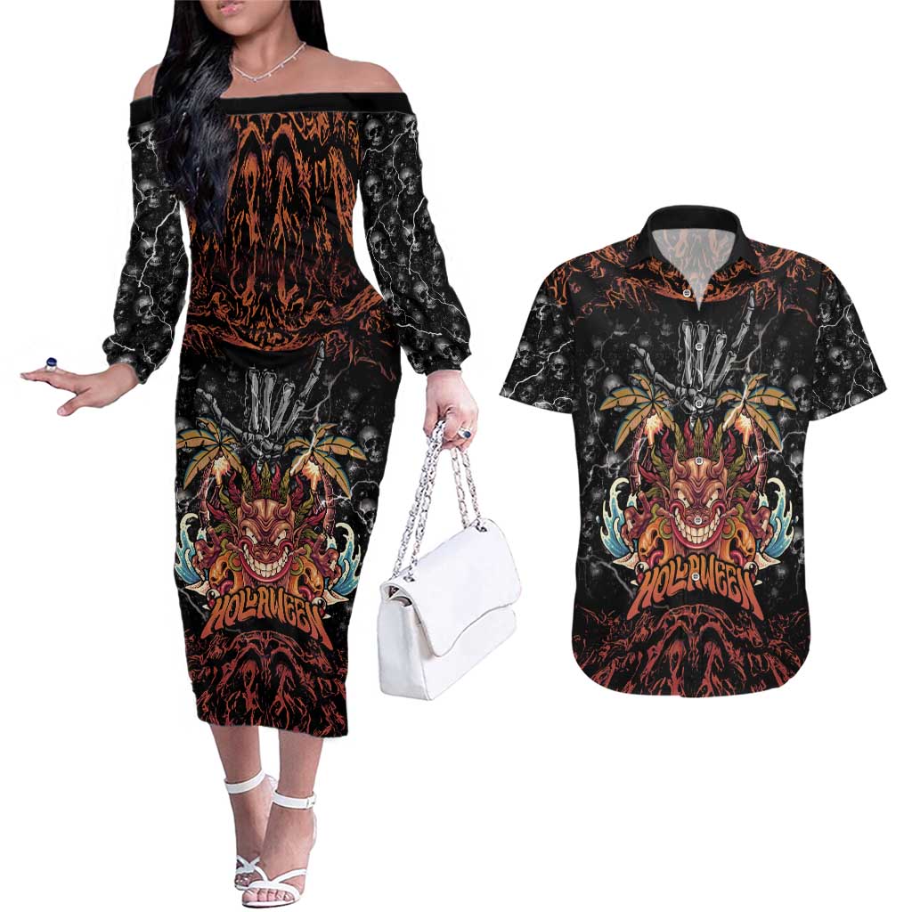 Aloha Halloween Couples Matching Off The Shoulder Long Sleeve Dress and Hawaiian Shirt Horror Tiki Heavy Metal Style - Polynesian Pride