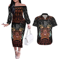 Aloha Halloween Couples Matching Off The Shoulder Long Sleeve Dress and Hawaiian Shirt Horror Tiki Heavy Metal Style - Polynesian Pride