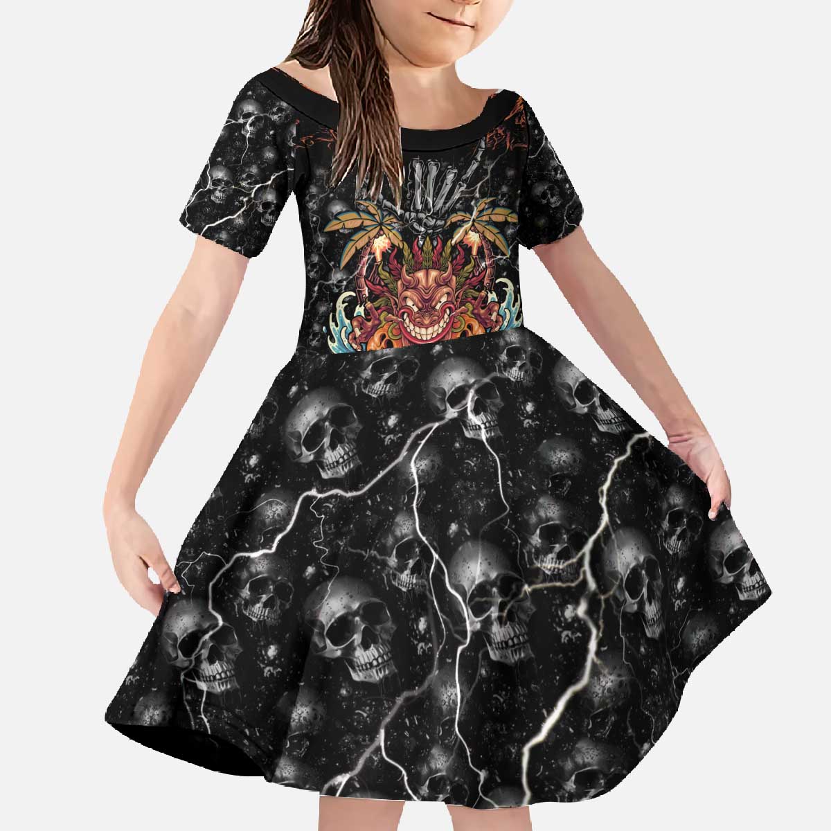 Aloha Halloween Family Matching Off The Shoulder Long Sleeve Dress and Hawaiian Shirt Horror Tiki Heavy Metal Style - Polynesian Pride