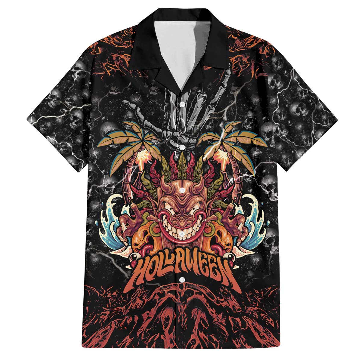 Aloha Halloween Family Matching Off The Shoulder Long Sleeve Dress and Hawaiian Shirt Horror Tiki Heavy Metal Style - Polynesian Pride