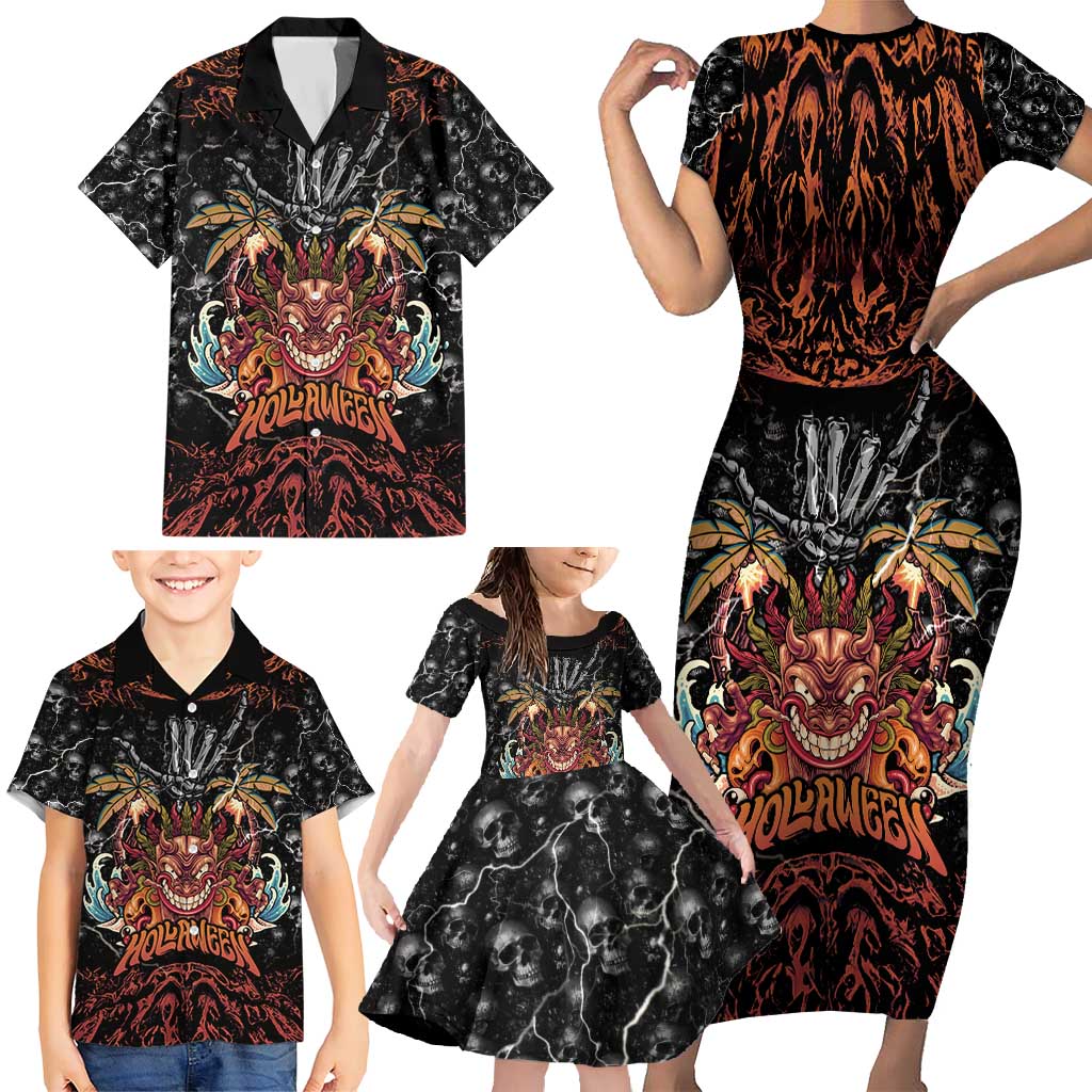 Aloha Halloween Family Matching Short Sleeve Bodycon Dress and Hawaiian Shirt Horror Tiki Heavy Metal Style - Polynesian Pride