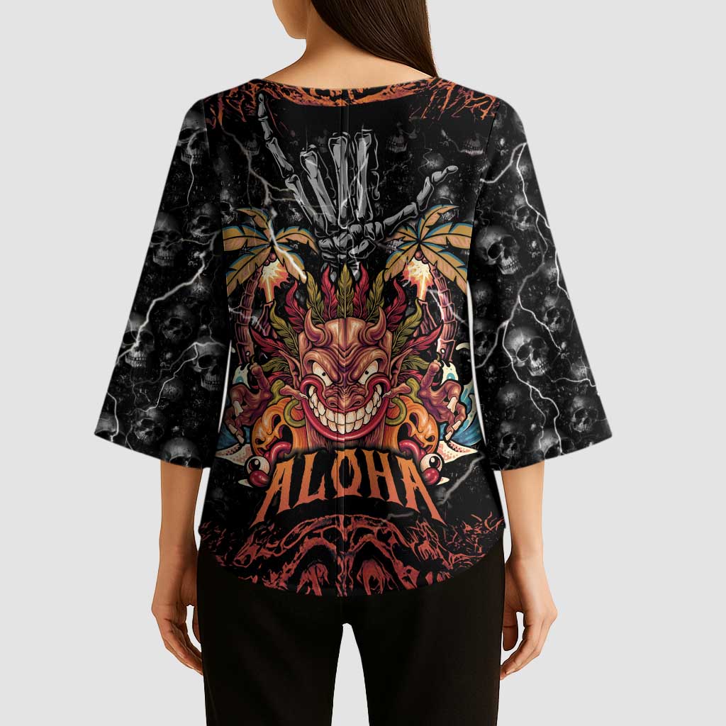 Aloha Halloween Kimono Sleeve Blouse Horror Tiki Heavy Metal Style - Polynesian Pride