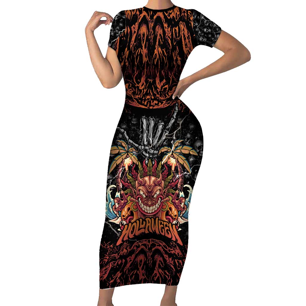 Aloha Halloween Short Sleeve Bodycon Dress Horror Tiki Heavy Metal Style - Polynesian Pride