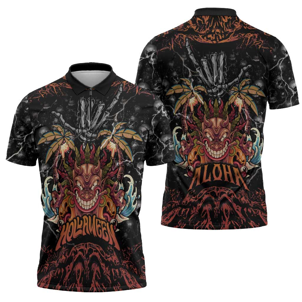 Aloha Halloween Zipper Polo Shirt Horror Tiki Heavy Metal Style - Polynesian Pride