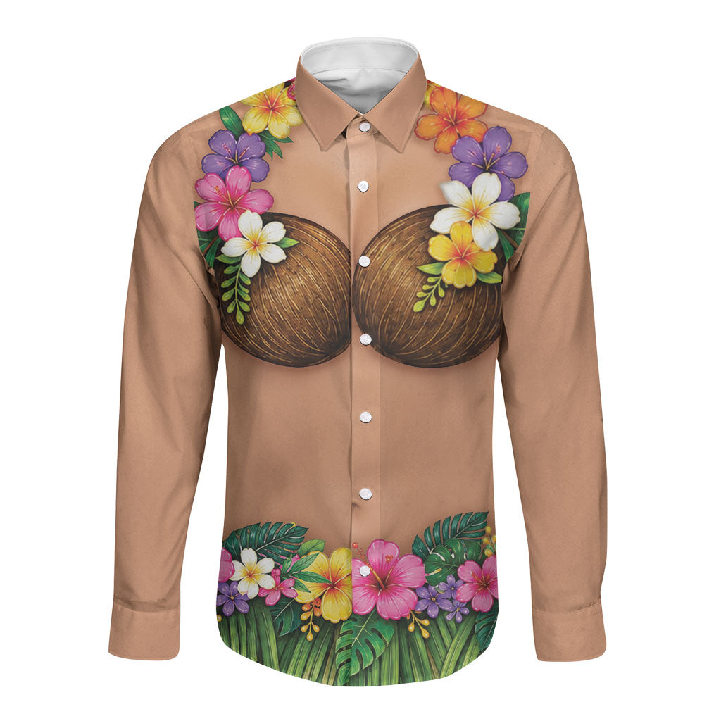Hawaii Hula Costume Long Sleeve Button Shirt Coconut Bra Lei Flowers Grass Skirt LT05 Unisex Beige - Polynesian Pride