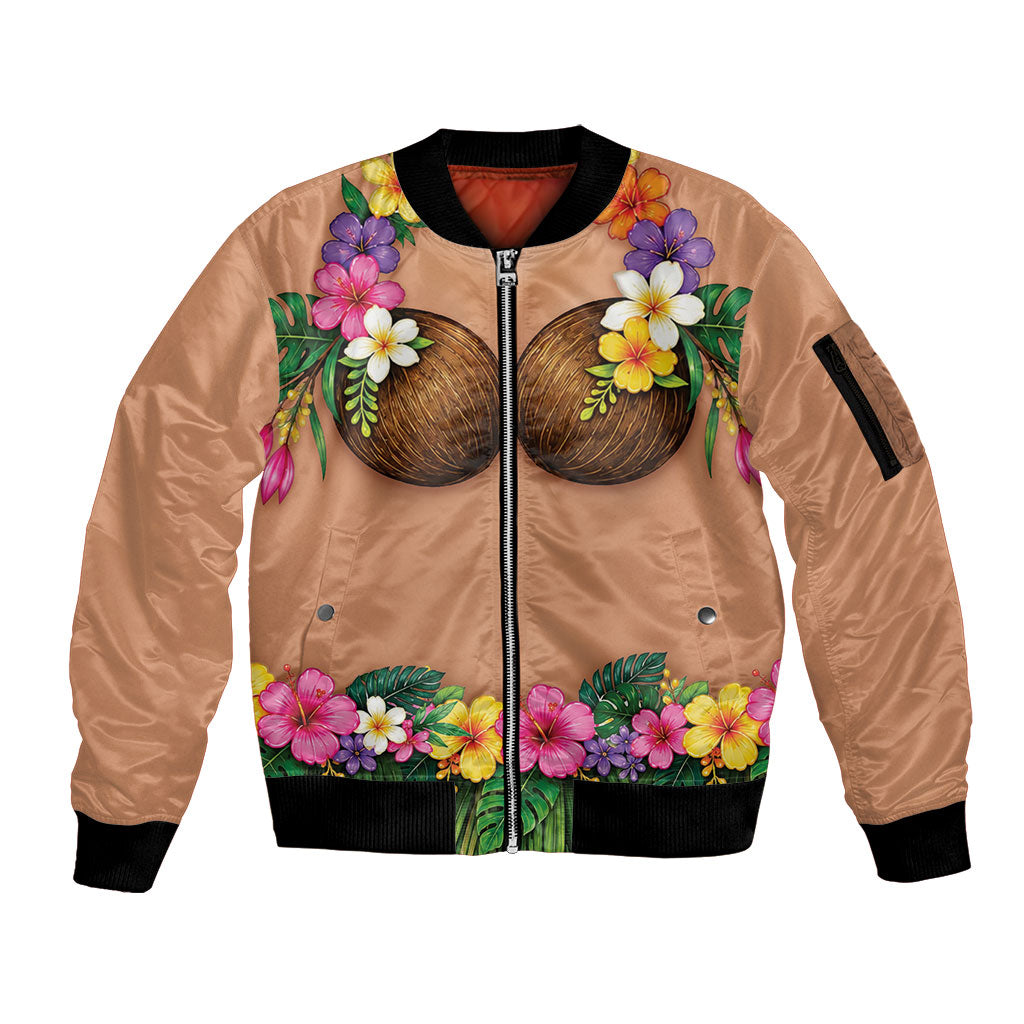 Hawaii Hula Costume Sleeve Zip Bomber Jacket Coconut Bra Lei Flowers Grass Skirt LT05 Unisex Beige - Polynesian Pride