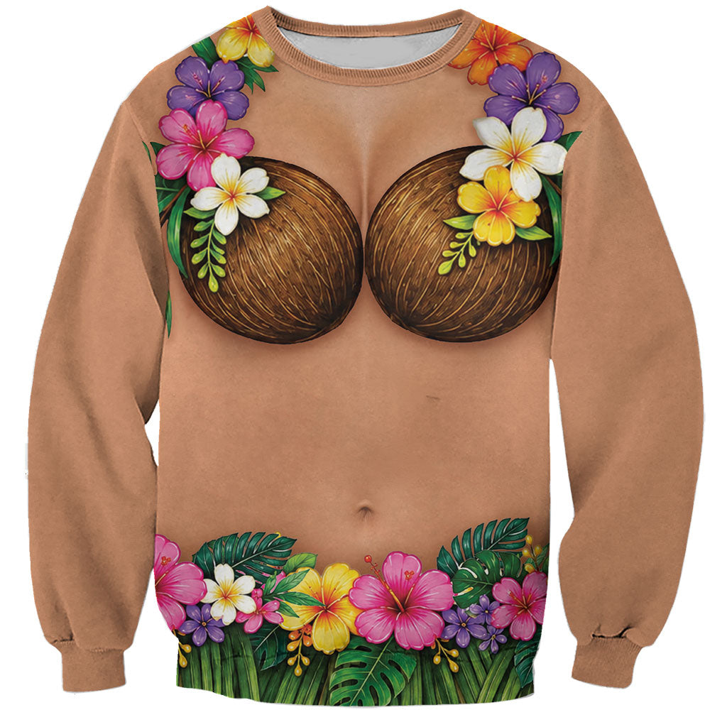 Hawaii Hula Costume Sweatshirt Coconut Bra Lei Flowers Grass Skirt LT05 Unisex Beige - Polynesian Pride