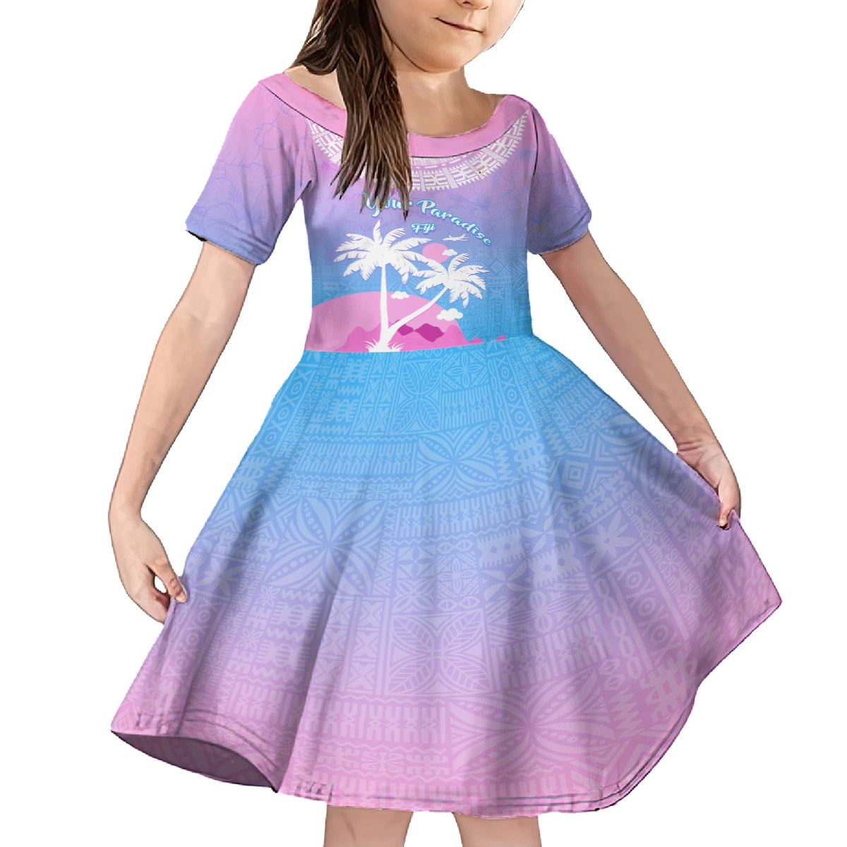 Personalised Fiji Your Paradise Festival Family Matching Puletasi Dress and Hawaiian Shirt With Fijian Masi Tapa Pattern LT05 Daughter's Dress Blue - Polynesian Pride