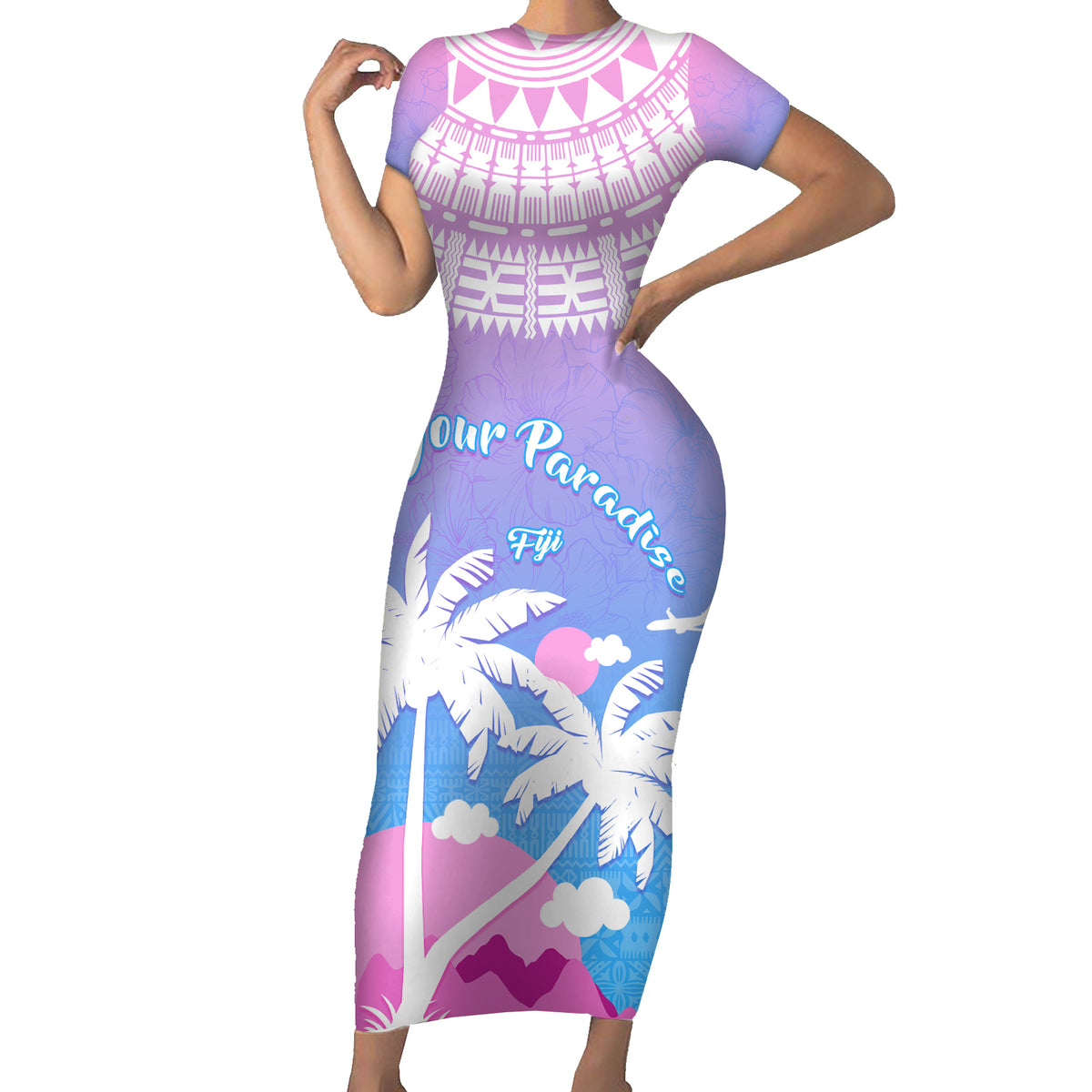 Personalised Fiji Your Paradise Festival Short Sleeve Bodycon Dress With Fijian Masi Tapa Pattern LT05 Long Dress Blue - Polynesian Pride