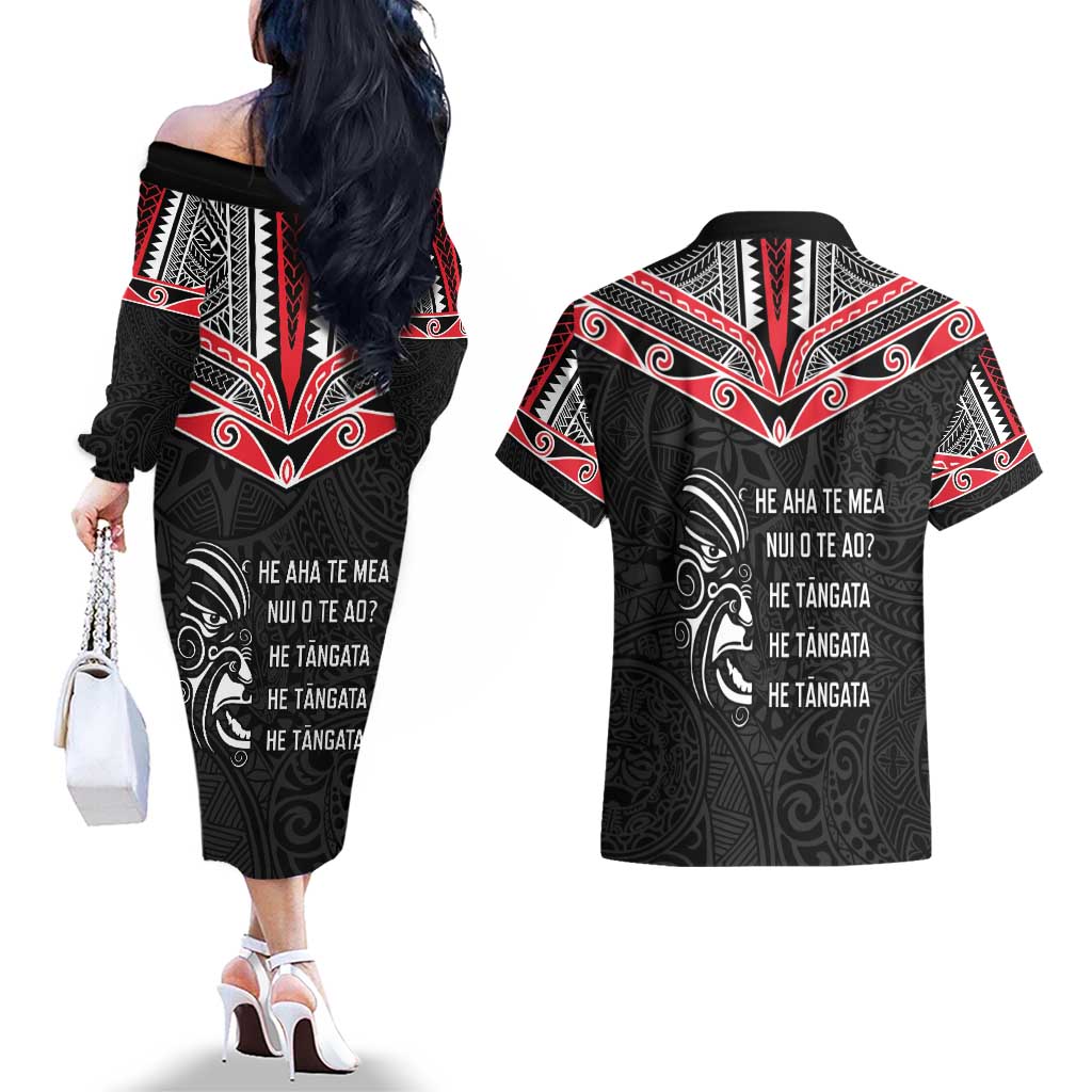 Aotearoa Toitu Te Tiriti Couples Matching Off The Shoulder Long Sleeve Dress and Hawaiian Shirt New Zealand Honour The Treaty