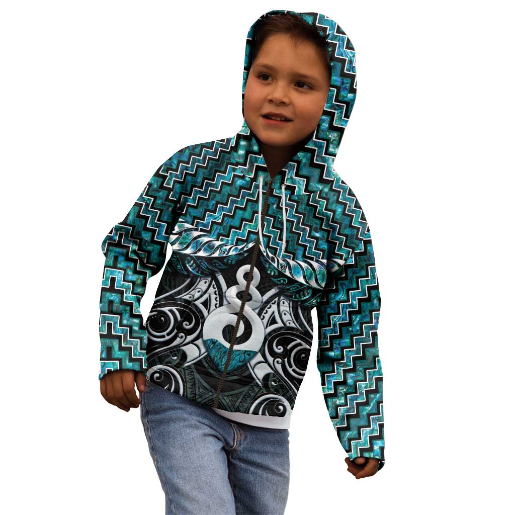 New Zealand Maori Kid Hoodie Poutama Pikorua Turquoise Paua Shell