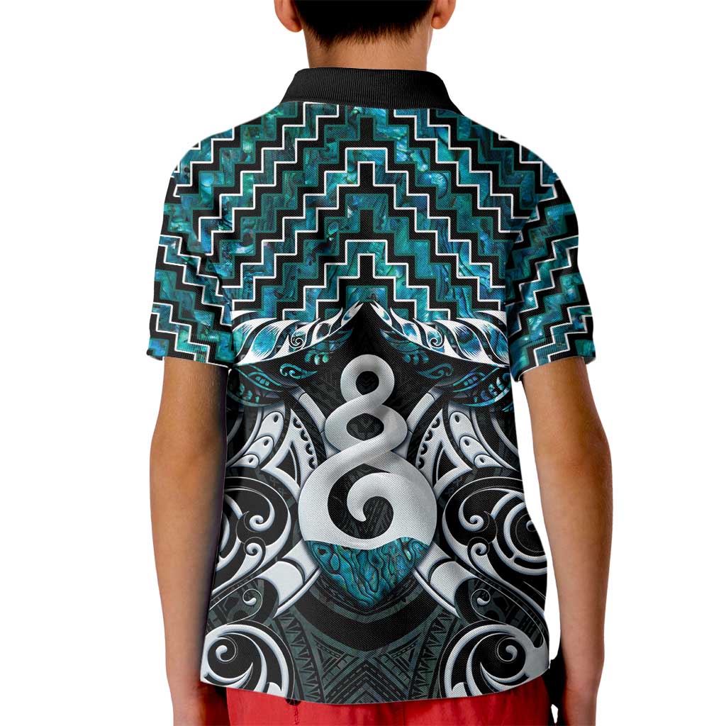 New Zealand Maori Kid Polo Shirt Poutama Pikorua Turquoise Paua Shell