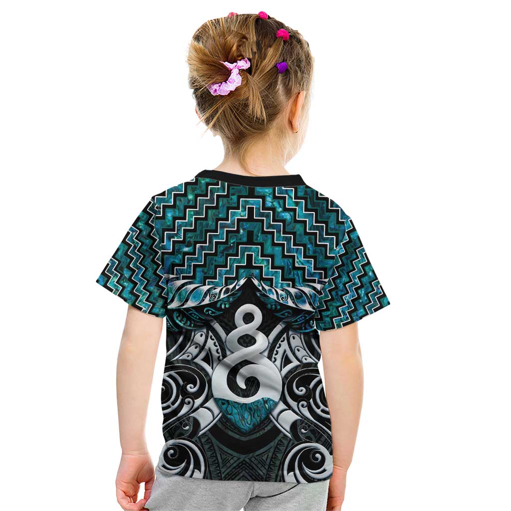 New Zealand Maori Kid T Shirt Poutama Pikorua Turquoise Paua Shell