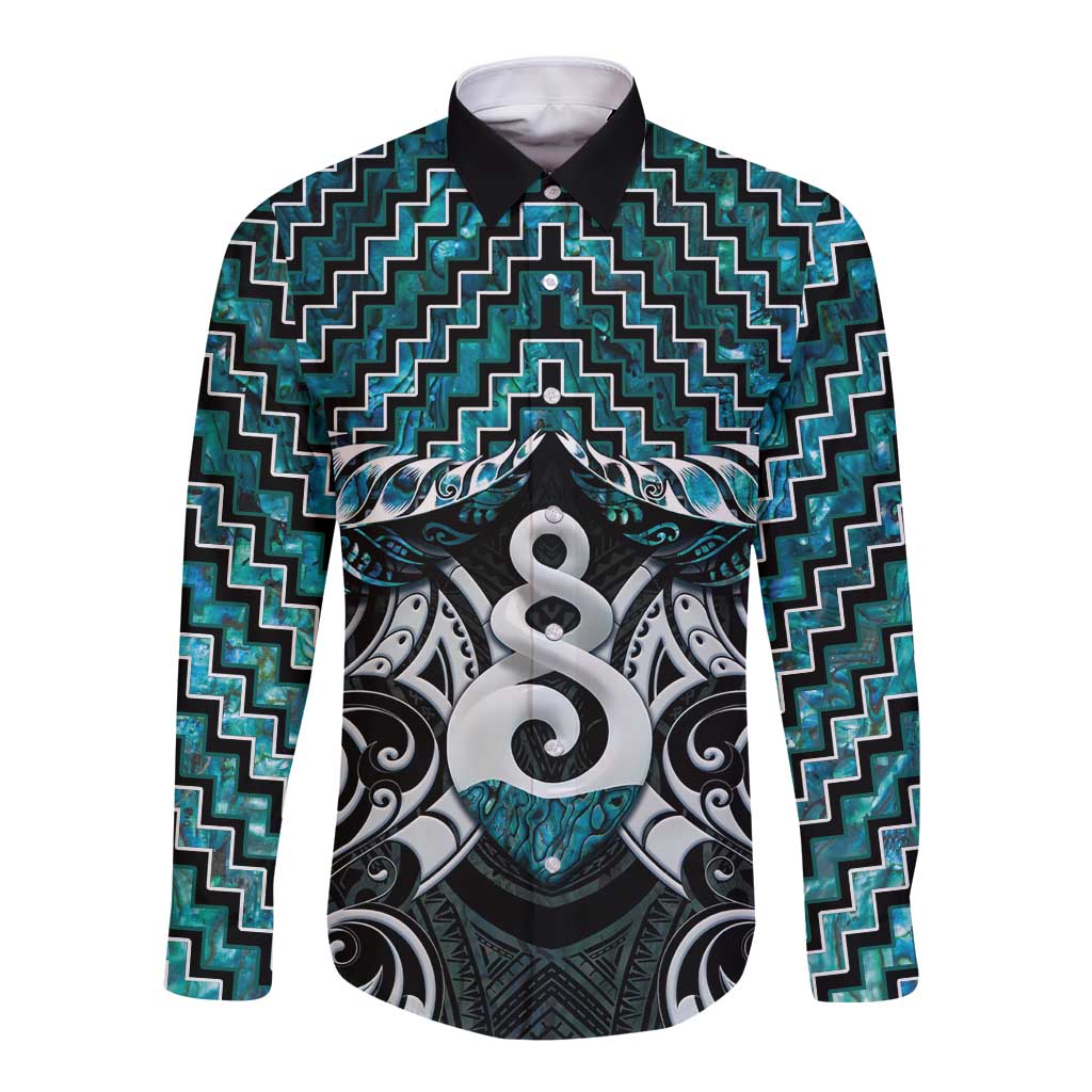 New Zealand Maori Long Sleeve Button Shirt Poutama Pikorua Turquoise Paua Shell LT05 Unisex Turquoise - Polynesian Pride