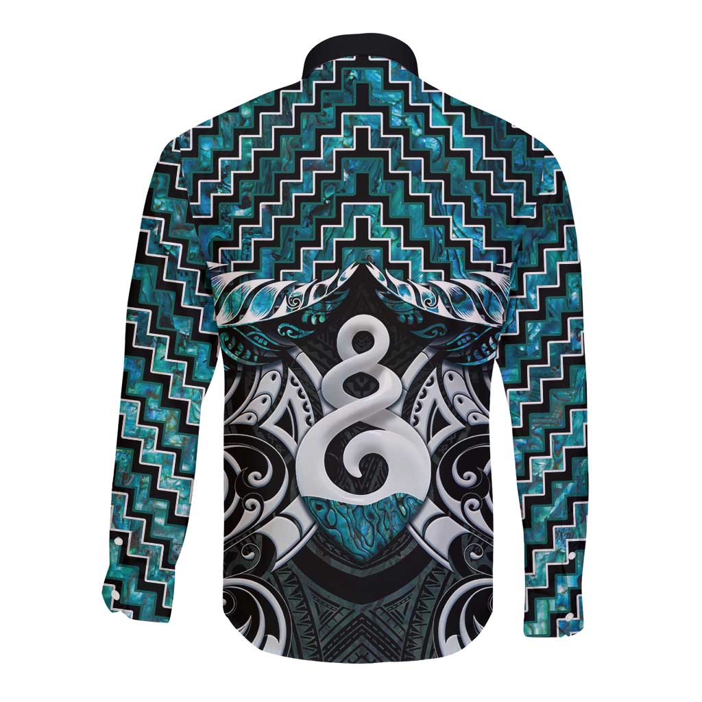New Zealand Maori Long Sleeve Button Shirt Poutama Pikorua Turquoise Paua Shell LT05 - Polynesian Pride