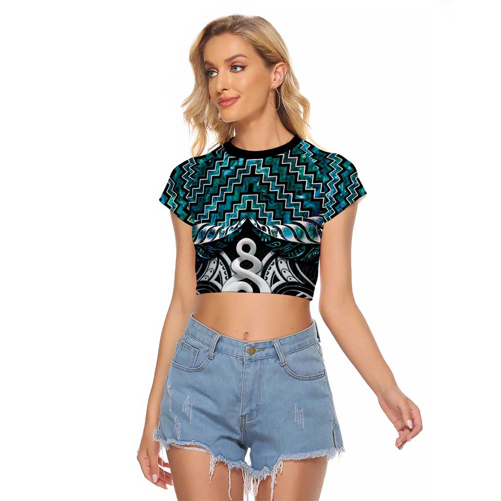 New Zealand Maori Raglan Cropped T Shirt Poutama Pikorua Turquoise Paua Shell