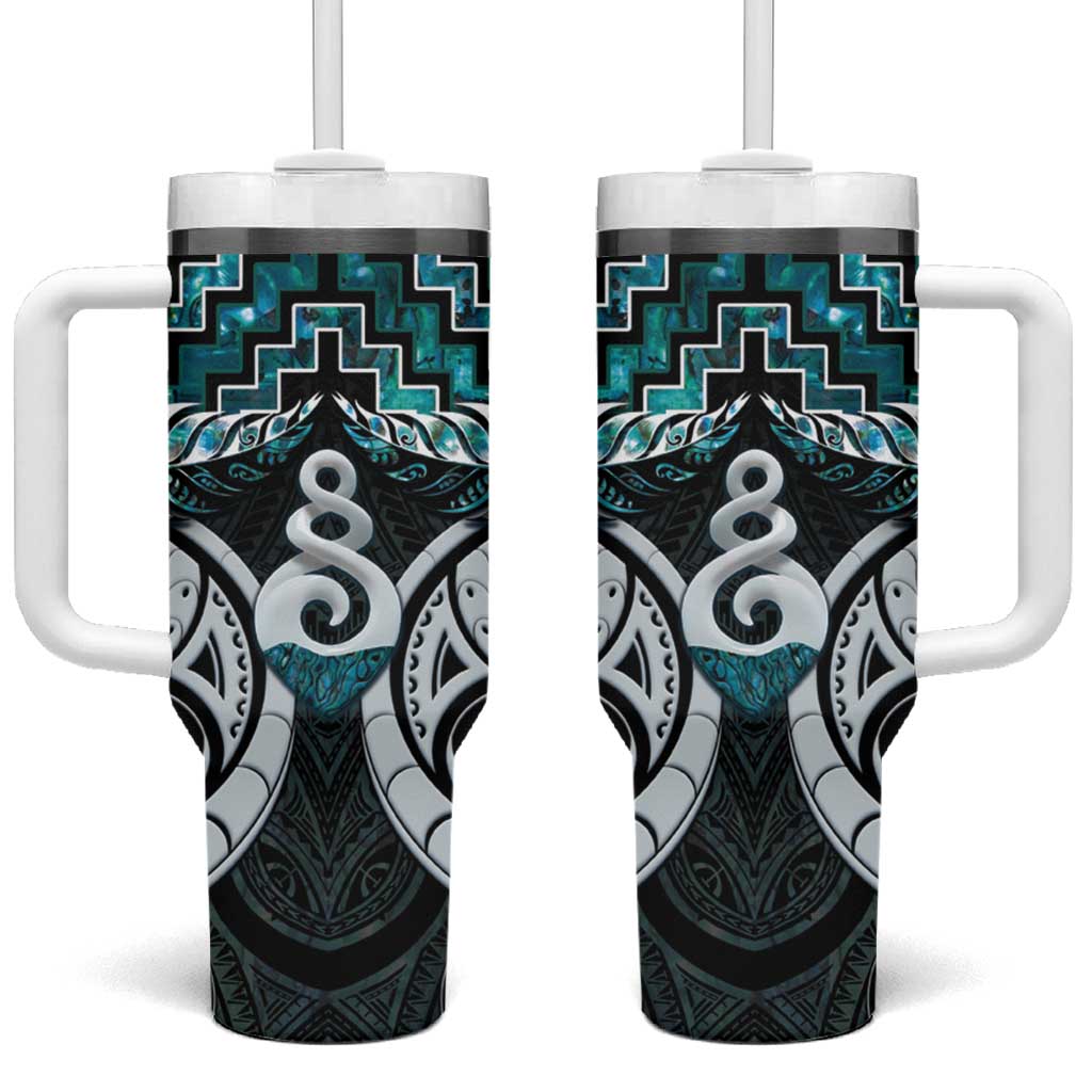 New Zealand Maori Tumbler With Handle Poutama Pikorua Turquoise Paua Shell LT05 One Size: 40 oz Turquoise - Polynesian Pride