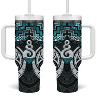 New Zealand Maori Tumbler With Handle Poutama Pikorua Turquoise Paua Shell LT05 One Size: 40 oz Turquoise - Polynesian Pride