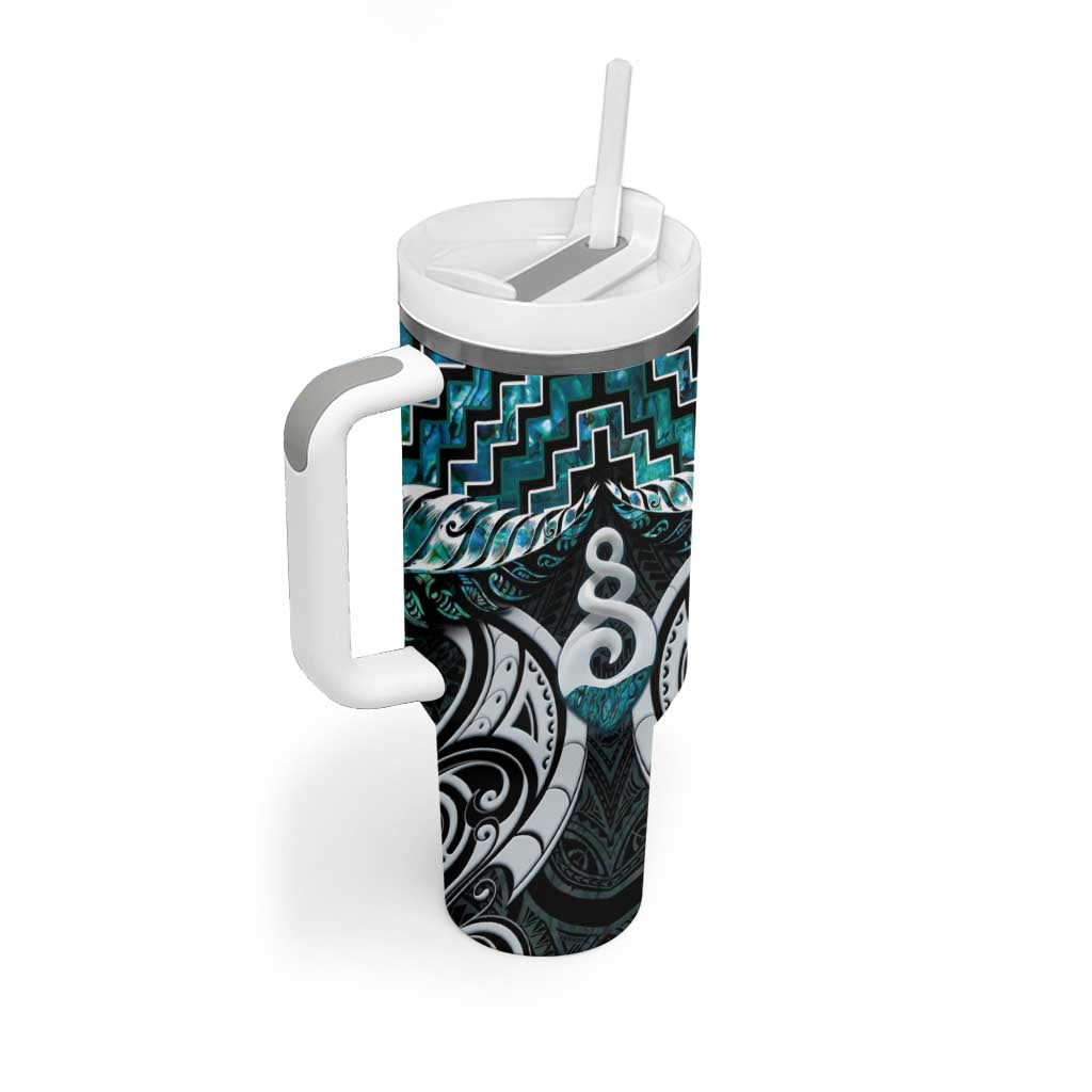 New Zealand Maori Tumbler With Handle Poutama Pikorua Turquoise Paua Shell LT05 - Polynesian Pride