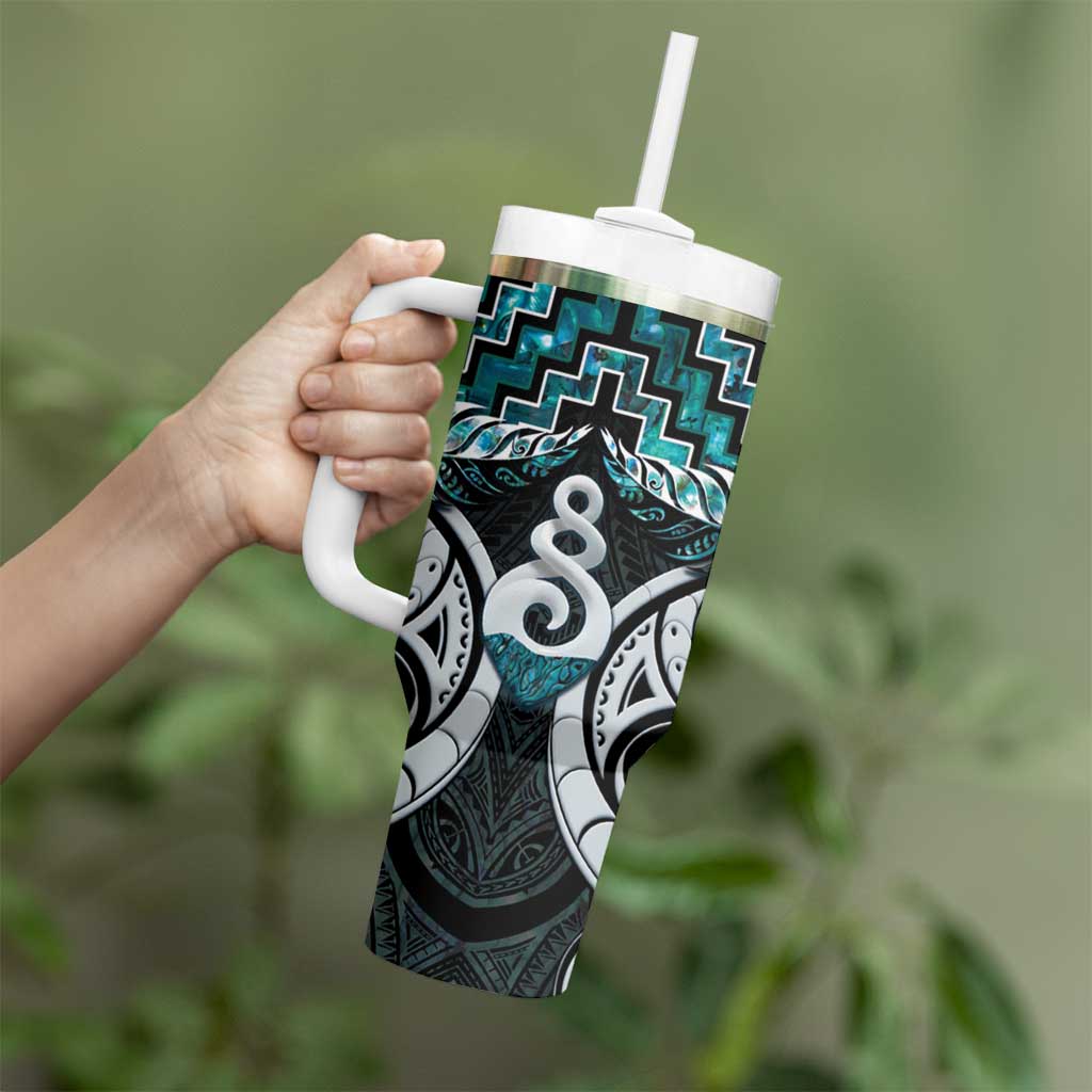New Zealand Maori Tumbler With Handle Poutama Pikorua Turquoise Paua Shell LT05 - Polynesian Pride