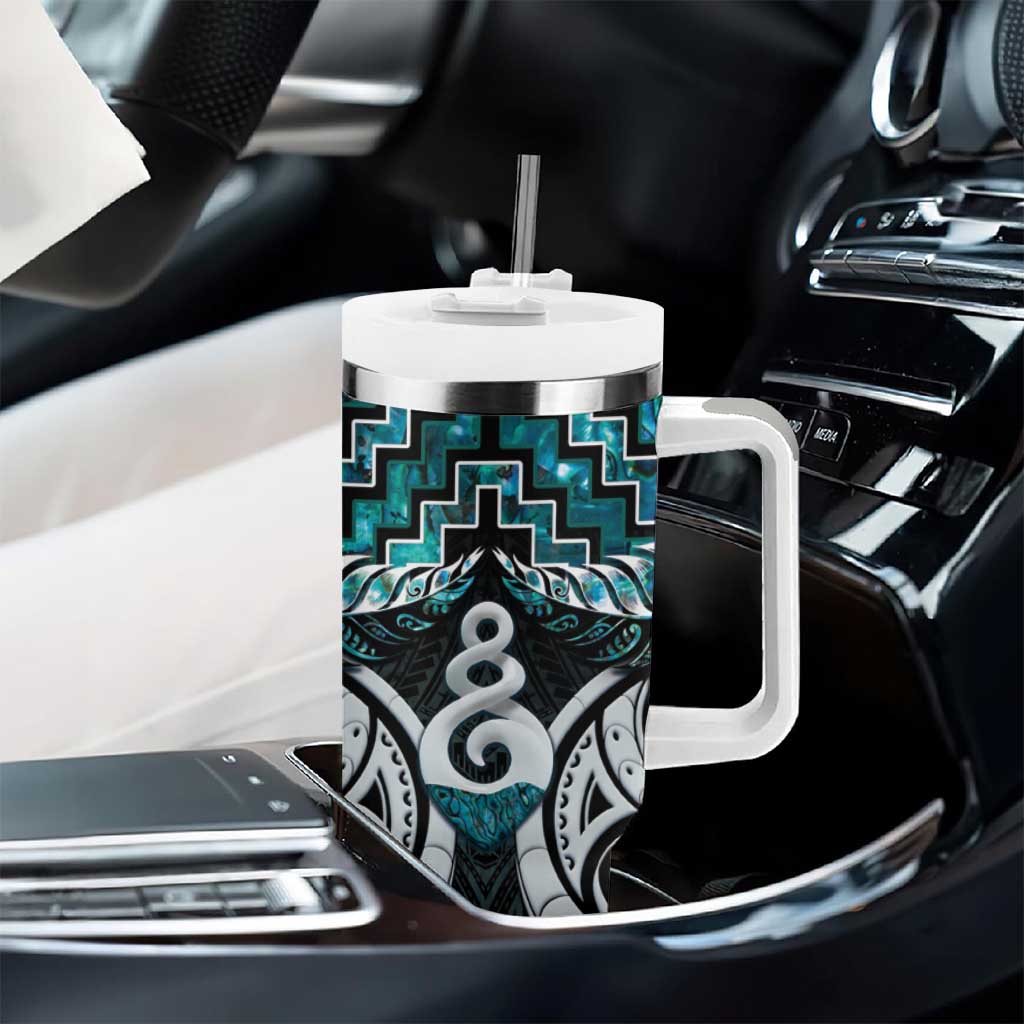 New Zealand Maori Tumbler With Handle Poutama Pikorua Turquoise Paua Shell LT05 - Polynesian Pride