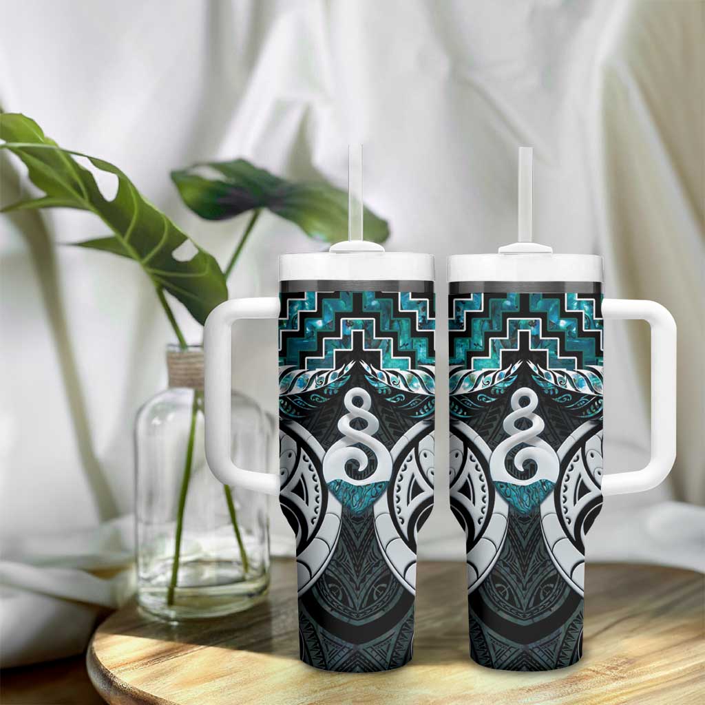 New Zealand Maori Tumbler With Handle Poutama Pikorua Turquoise Paua Shell LT05 - Polynesian Pride