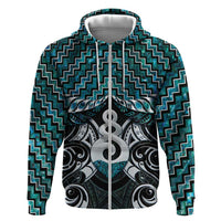 New Zealand Maori Zip Hoodie Poutama Pikorua Turquoise Paua Shell