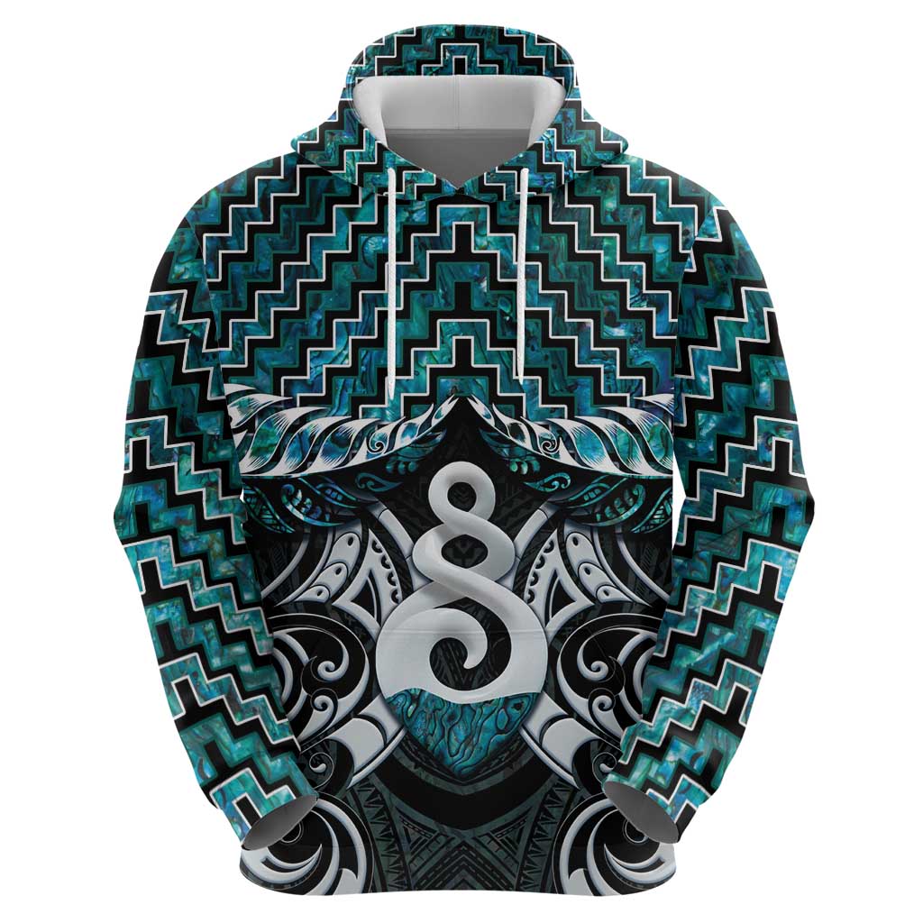 New Zealand Maori Zip Hoodie Poutama Pikorua Turquoise Paua Shell