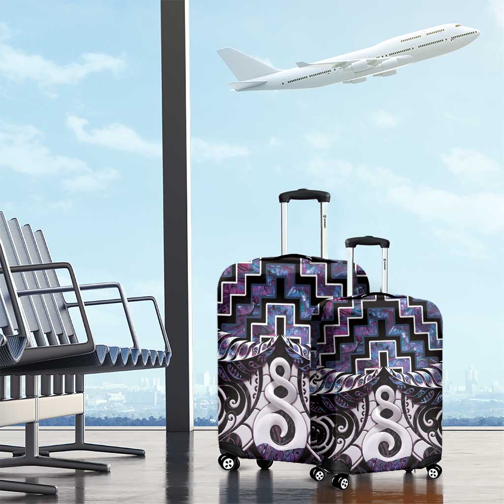 New Zealand Maori Luggage Cover Poutama Pikorua Purple Paua Shell