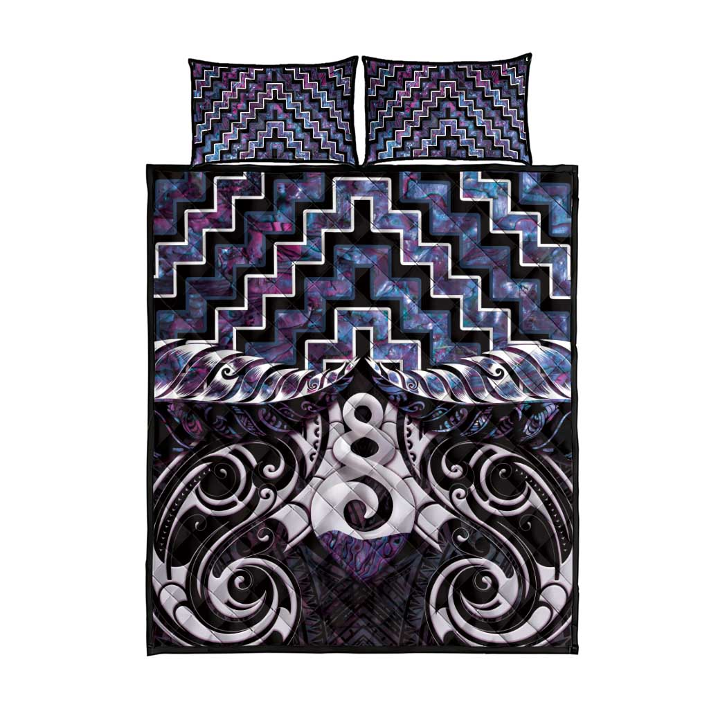 New Zealand Maori Quilt Bed Set Poutama Pikorua Purple Paua Shell