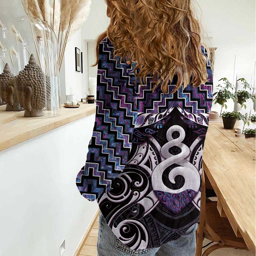 New Zealand Maori Women Casual Shirt Poutama Pikorua Purple Paua Shell