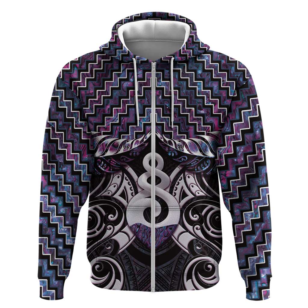New Zealand Maori Zip Hoodie Poutama Pikorua Purple Paua Shell