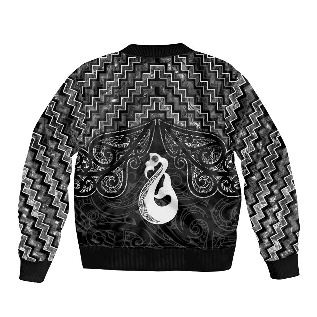New Zealand Maori Bomber Jacket Poutama Manaia Black Paua Shell