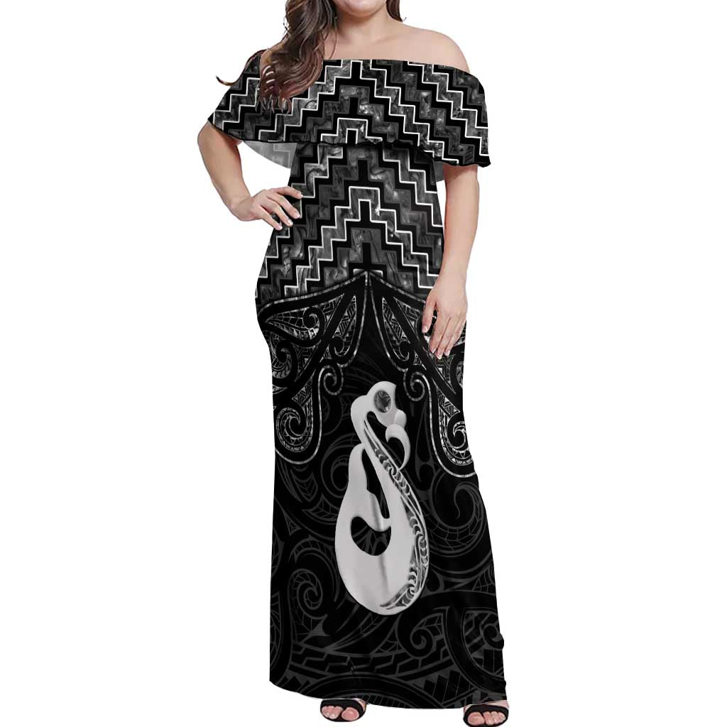 New Zealand Maori Off Shoulder Maxi Dress Poutama Manaia Black Paua Shell LT05 Women Black - Polynesian Pride