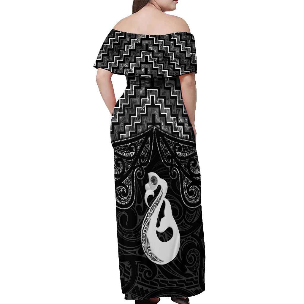 New Zealand Maori Off Shoulder Maxi Dress Poutama Manaia Black Paua Shell LT05 - Polynesian Pride