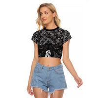 New Zealand Maori Raglan Cropped T Shirt Poutama Manaia Black Paua Shell LT05 Female Black - Polynesian Pride
