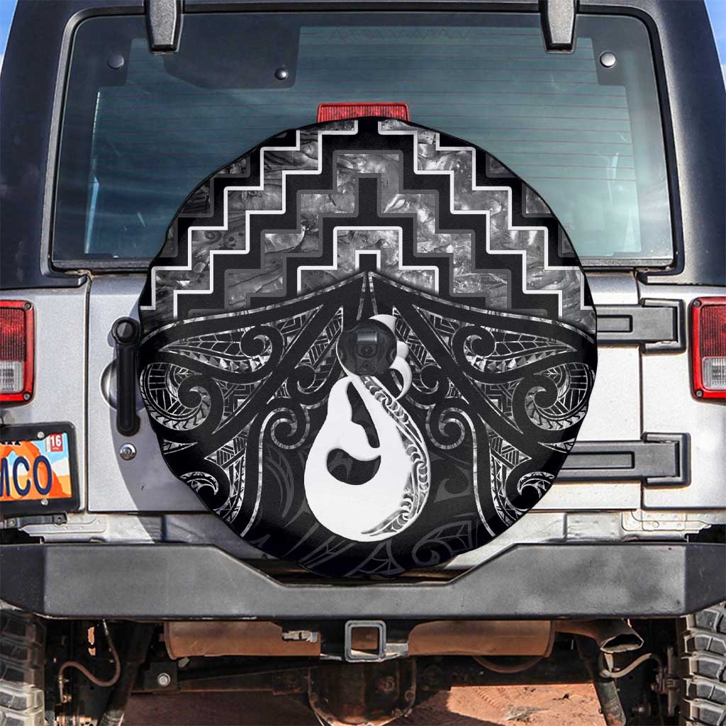 New Zealand Maori Spare Tire Cover Poutama Manaia Black Paua Shell LT05 Black - Polynesian Pride