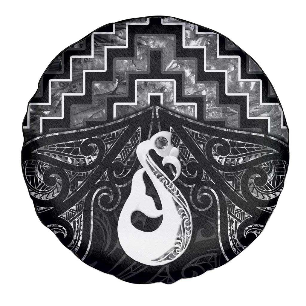 New Zealand Maori Spare Tire Cover Poutama Manaia Black Paua Shell LT05 - Polynesian Pride