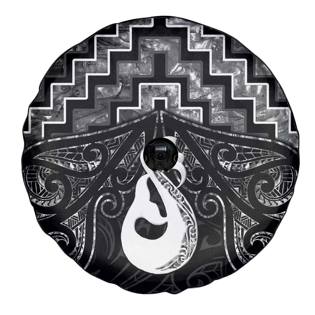 New Zealand Maori Spare Tire Cover Poutama Manaia Black Paua Shell LT05 - Polynesian Pride