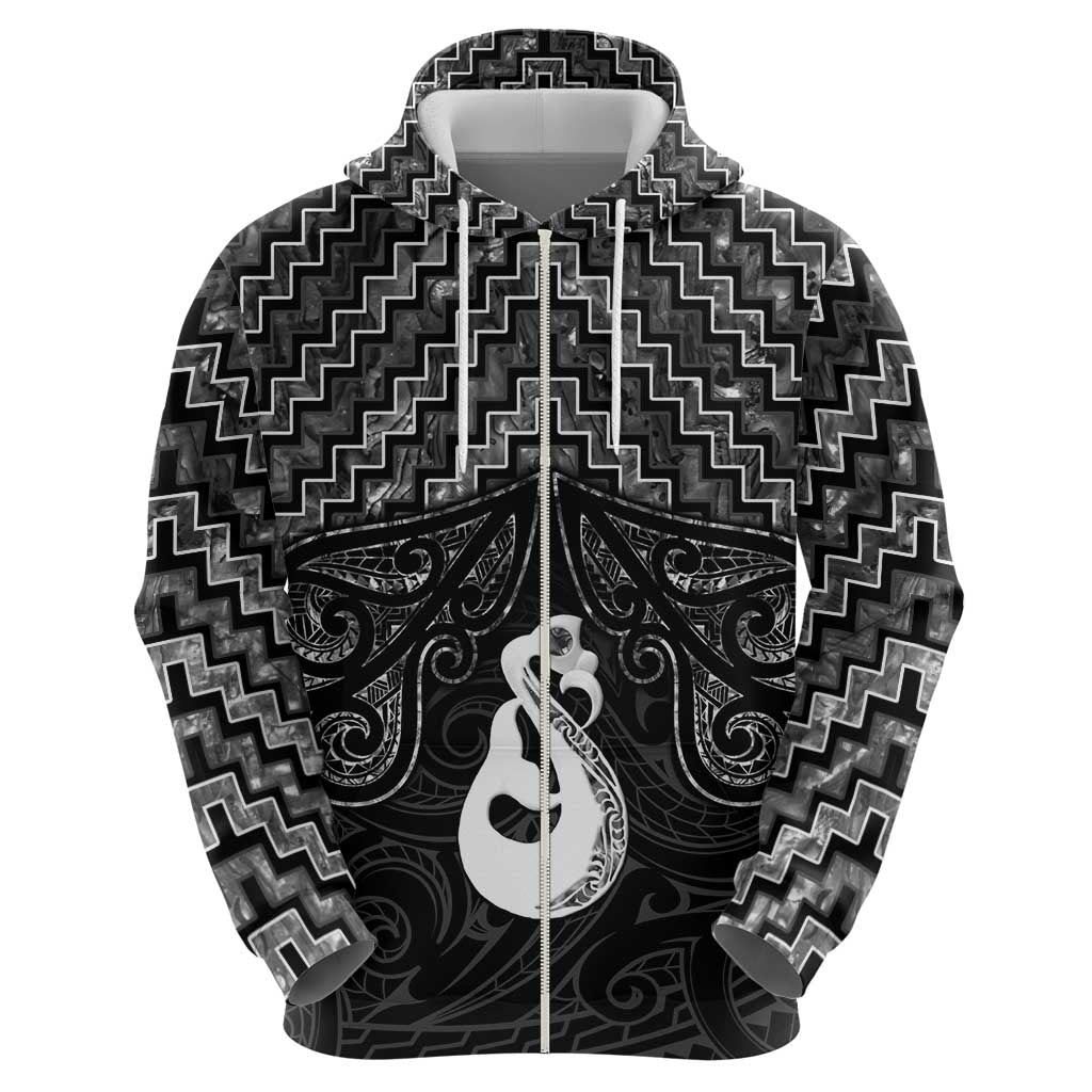 New Zealand Maori Zip Hoodie Poutama Manaia Black Paua Shell