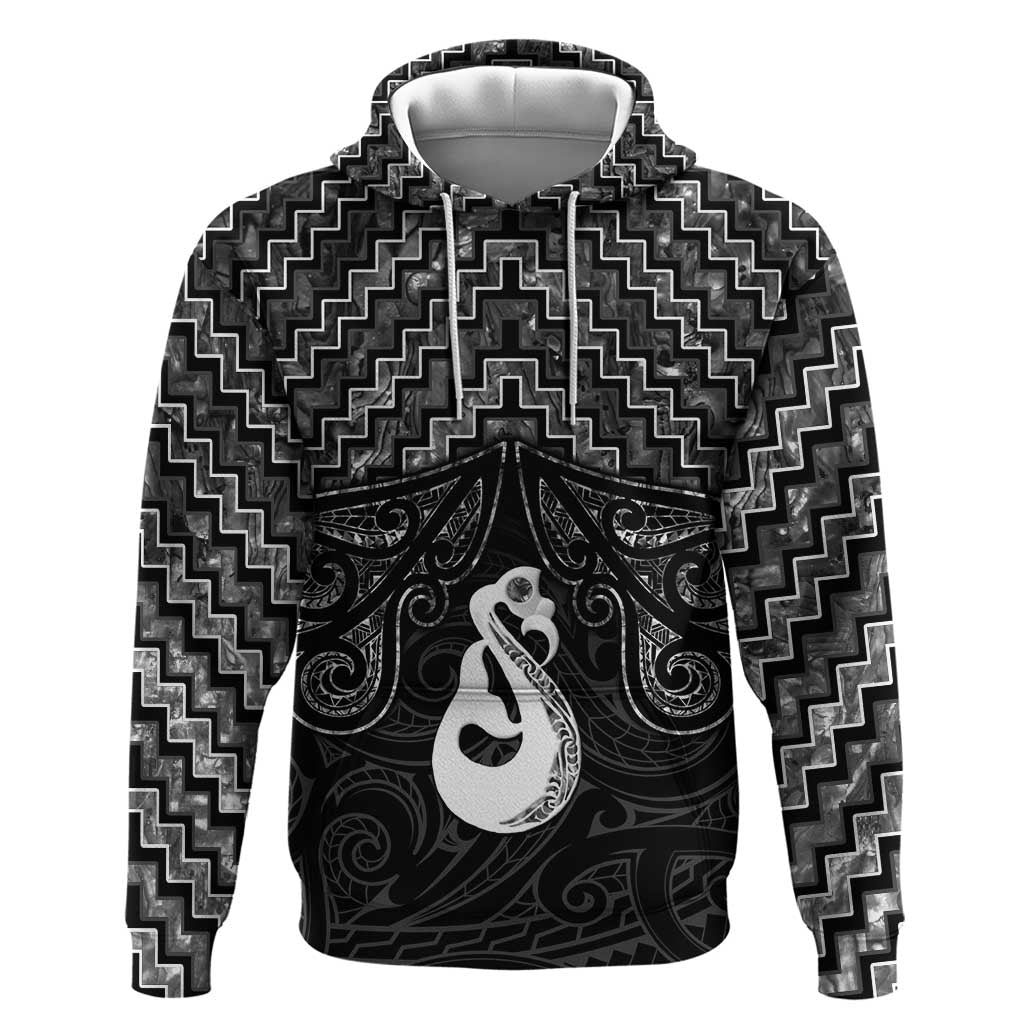 New Zealand Maori Zip Hoodie Poutama Manaia Black Paua Shell