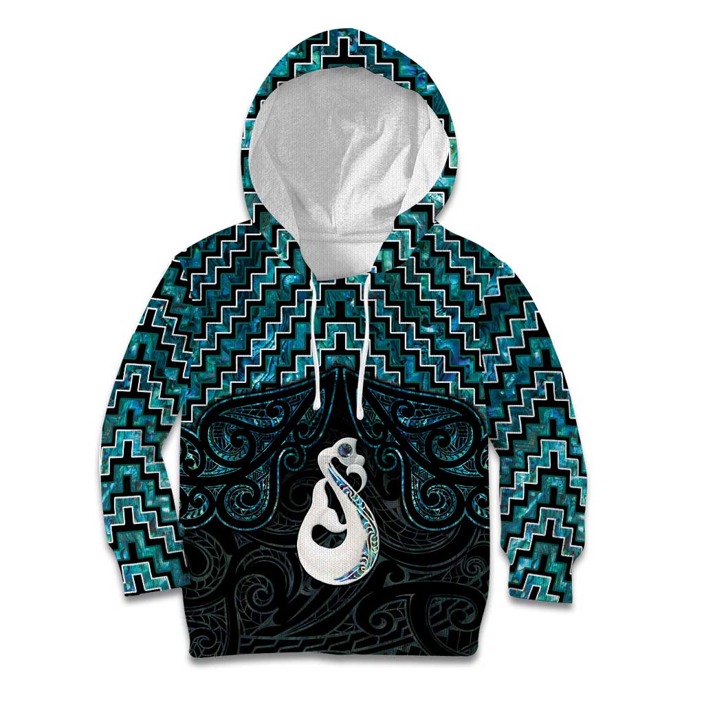 New Zealand Maori Kid Hoodie Poutama Manaia Turquoise Paua Shell