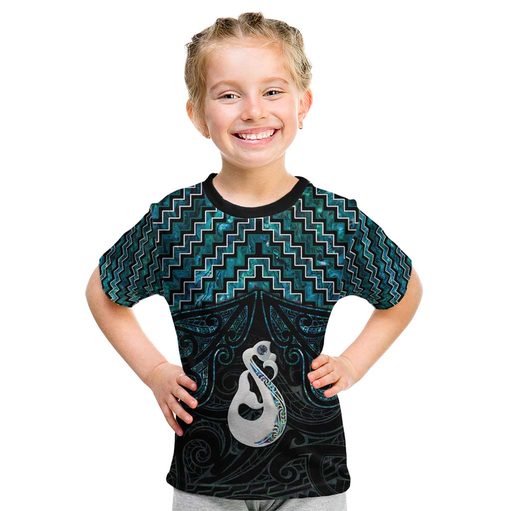 New Zealand Maori Kid T Shirt Poutama Manaia Turquoise Paua Shell