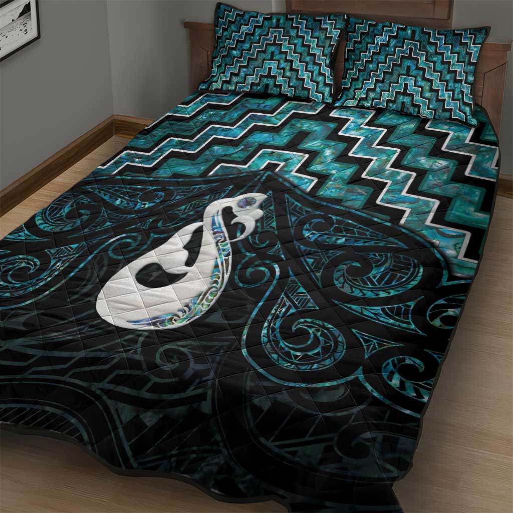 New Zealand Maori Quilt Bed Set Poutama Manaia Turquoise Paua Shell